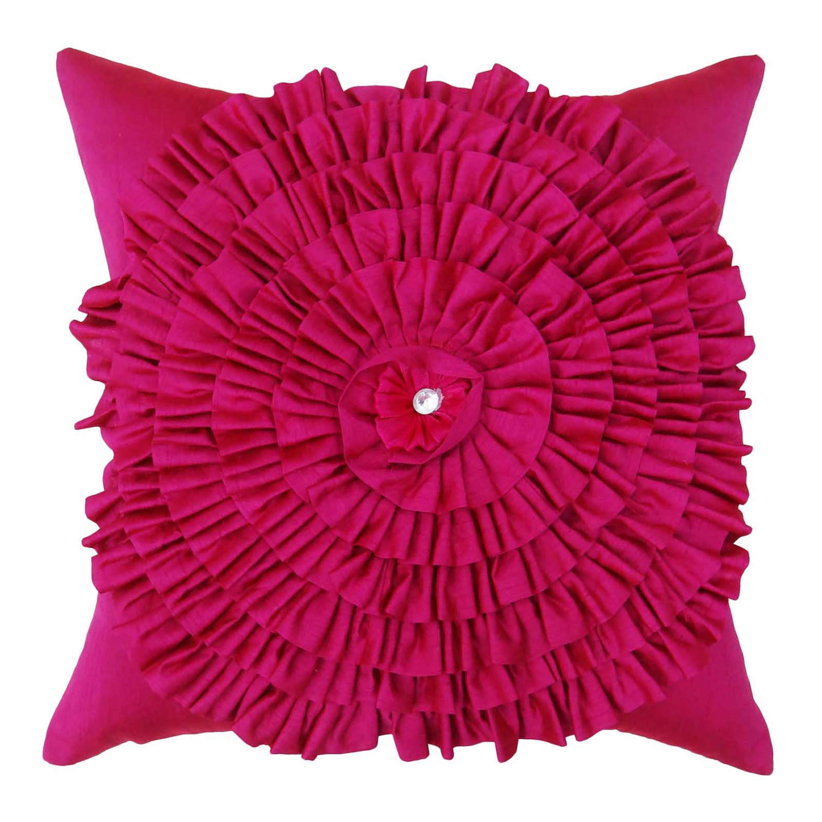 S4sassy Handcrafted Decorative Magenta Ruffled Cushion Cover Floral-etb 