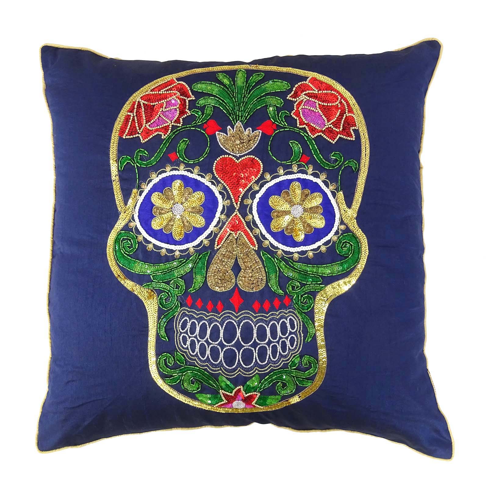 Skull Cushion Cover Soft Satin Fabric Black & Off White Square Throw Pillow Case 