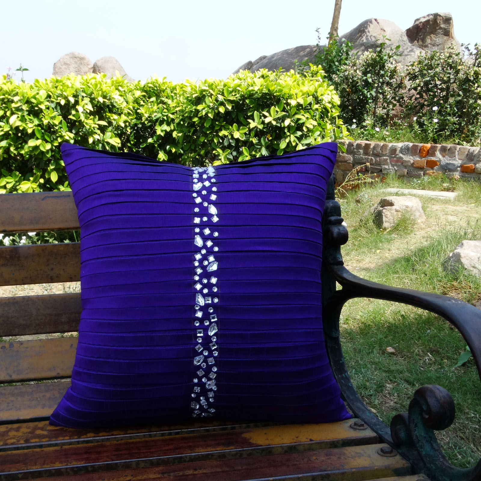 S4Sassy Handcrafted Decorative Cushion Cover Navy Blue Stone Beaded-6Ki 
