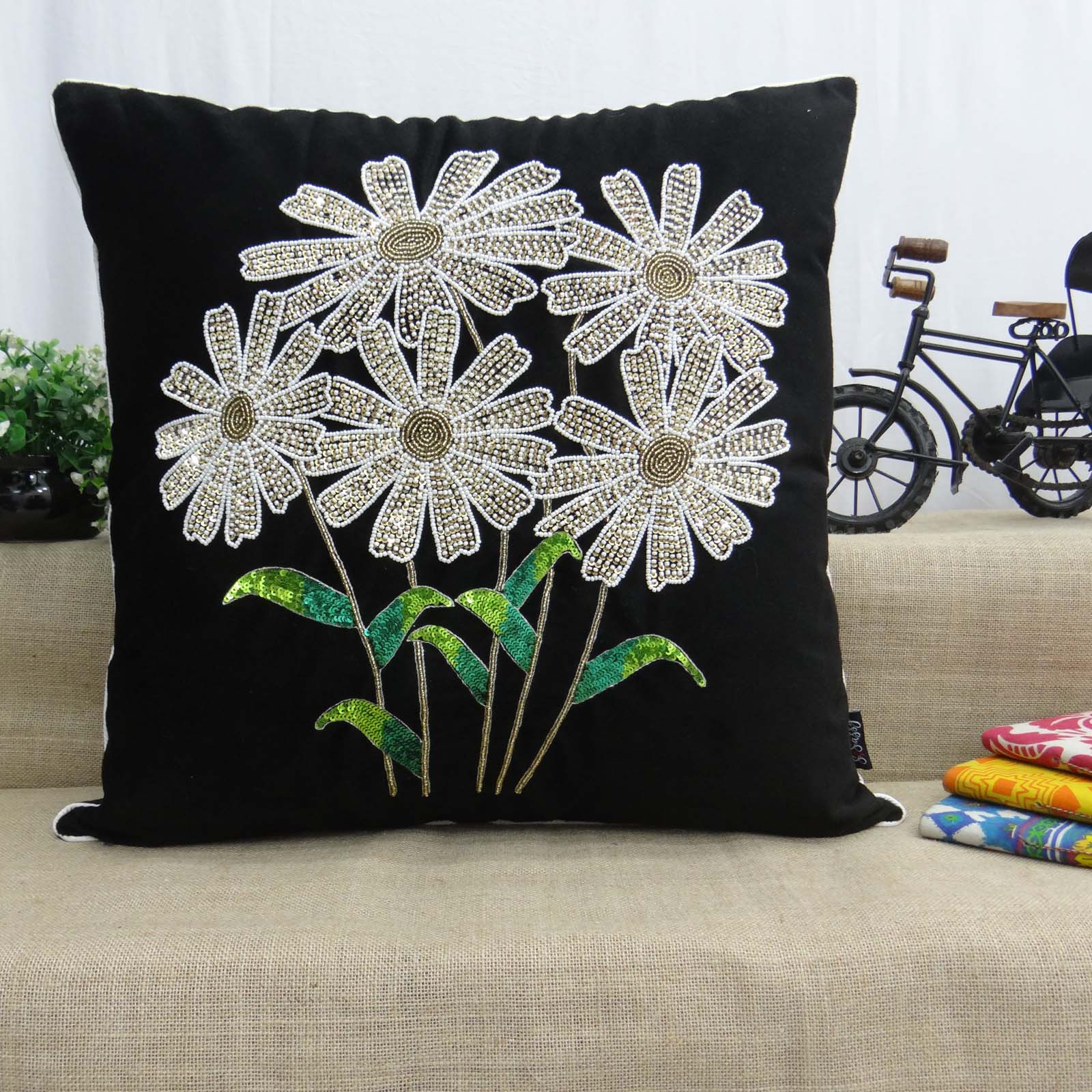 S4Sassy Decorative Cushion Cover Maroon 2 Pcs Cotton Poplin Floral-GT7