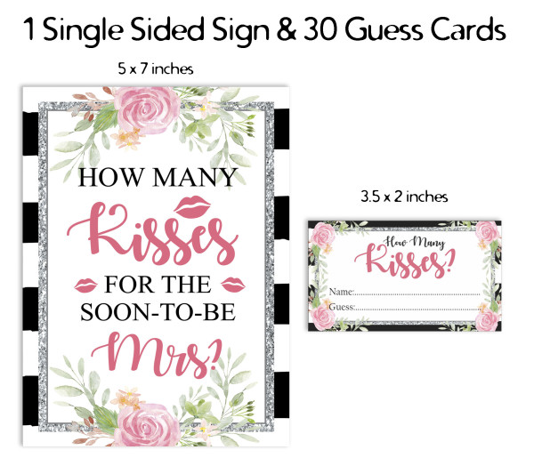 How Many Kisses for The Soon to be Mrs Bridal Shower Game 1 Sign 30 Cards, 